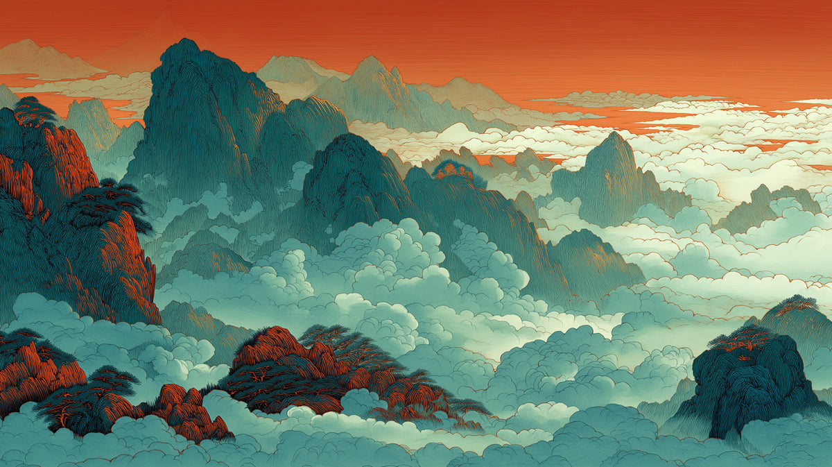 Traditional Chinese Blue Green Mountain Landscape Mural Wallpaper | Orange Sky, Golden Age Style