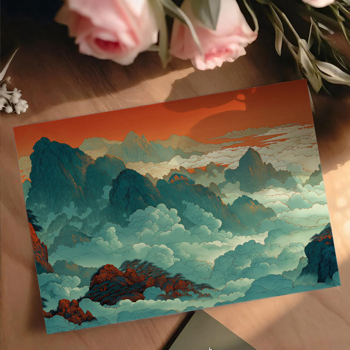 Traditional Chinese Blue Green Mountain Landscape Mural Wallpaper | Orange Sky, Golden Age Style