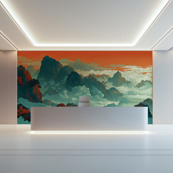 Traditional Chinese Blue Green Mountain Landscape Mural Wallpaper | Orange Sky, Golden Age Style
