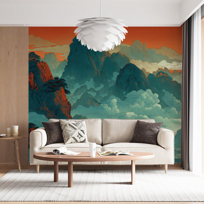 Traditional Chinese Blue Green Mountain Landscape Mural Wallpaper | Orange Sky, Golden Age Style