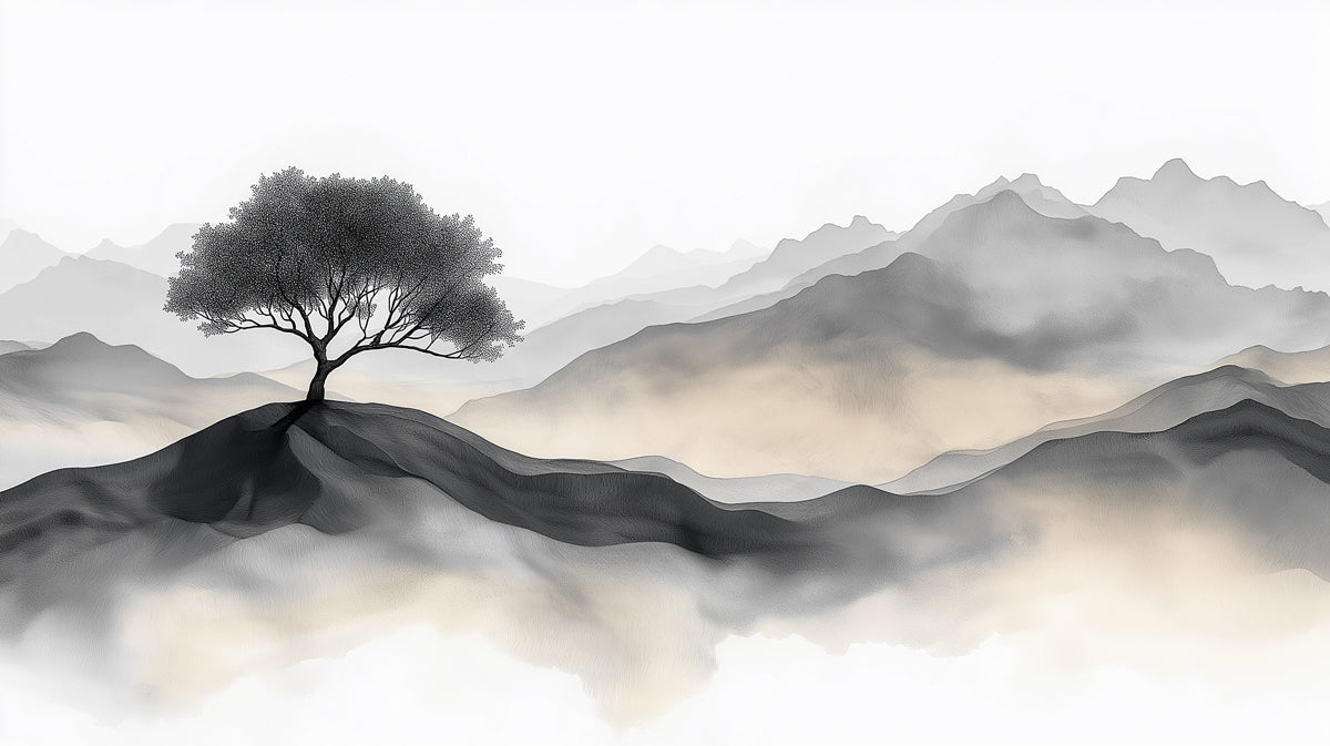 Minimalist Ink Wash Tree on Hill Mural Wallpaper | Zen Landscape Art