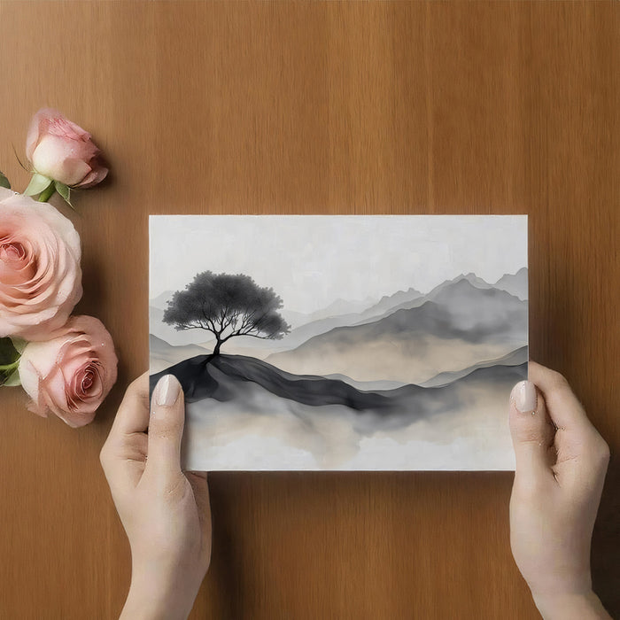 Minimalist Ink Wash Tree on Hill Mural Wallpaper | Zen Landscape Art