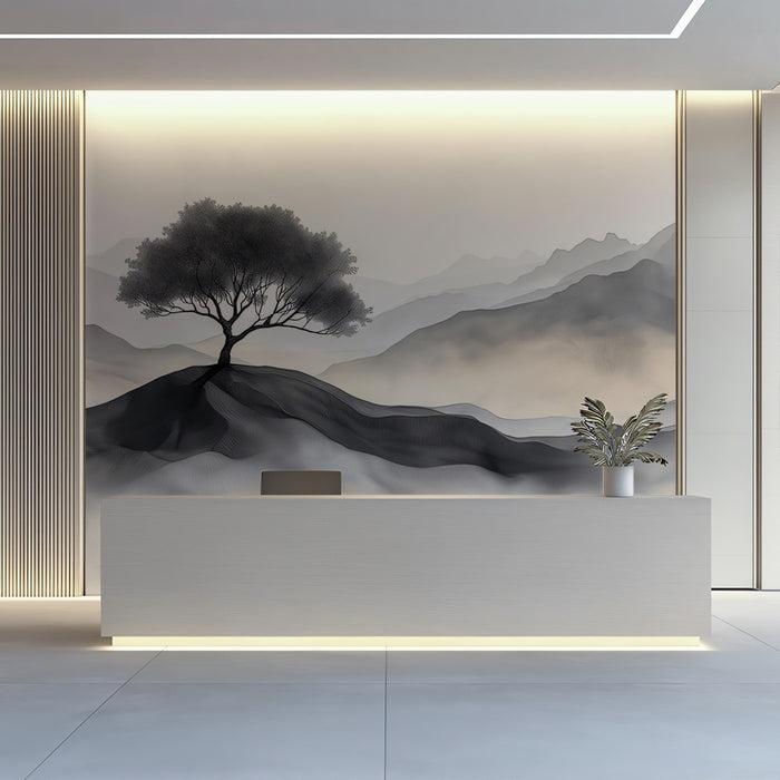 Minimalist Ink Wash Tree on Hill Mural Wallpaper | Zen Landscape Art