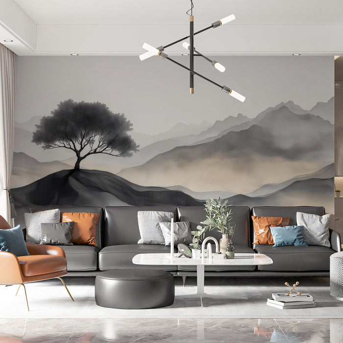 Minimalist Ink Wash Tree on Hill Mural Wallpaper | Zen Landscape Art