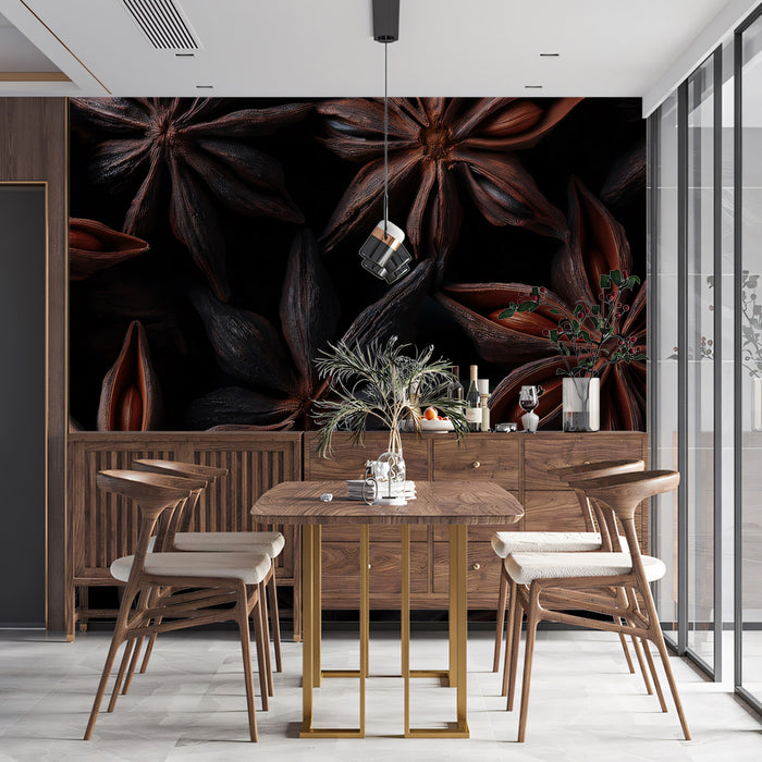 Dark Star Anise Macro Photography Texture Mural Wallpaper | Rustic Spice Art