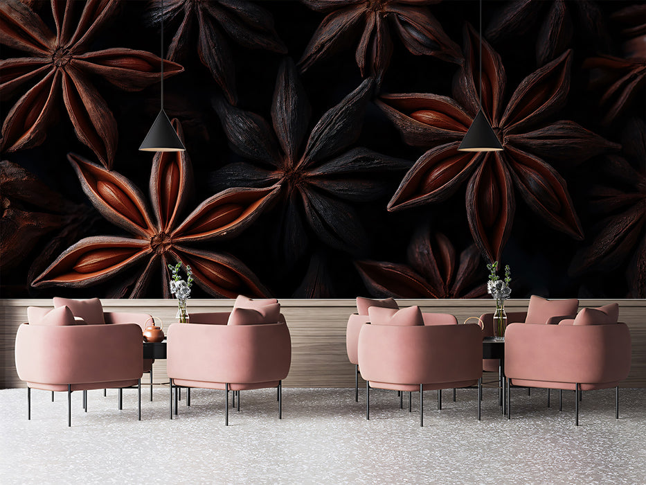 Dark Star Anise Macro Photography Texture Mural Wallpaper | Rustic Spice Art