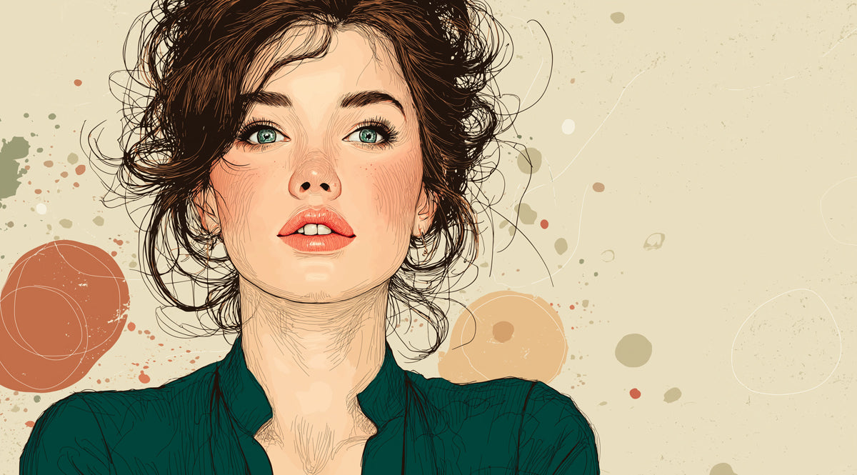 Artistic Fashion Illustration Woman Portrait Mural Wallpaper | Sketch Style, Green and Beige