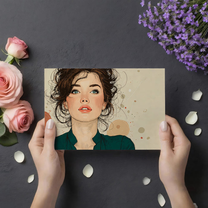 Artistic Fashion Illustration Woman Portrait Mural Wallpaper | Sketch Style, Green and Beige