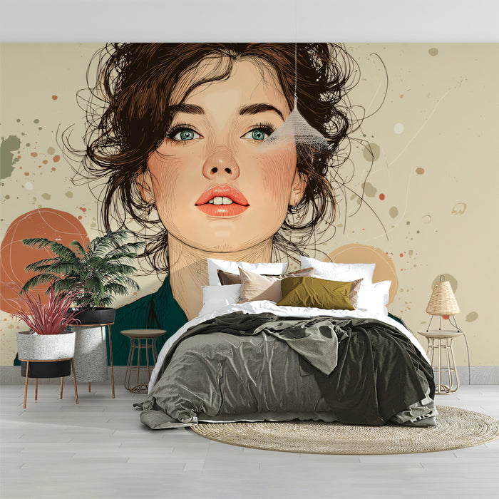 Artistic Fashion Illustration Woman Portrait Mural Wallpaper | Sketch Style, Green and Beige