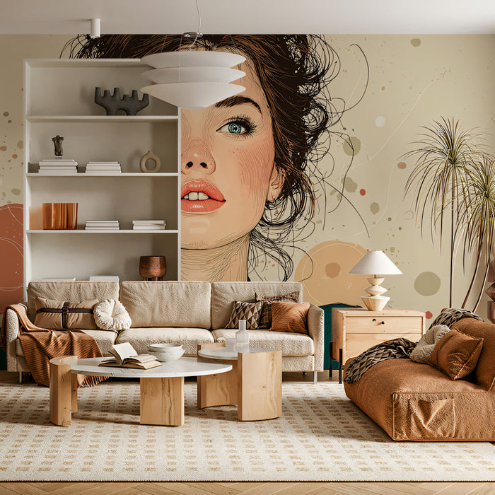 Artistic Fashion Illustration Woman Portrait Mural Wallpaper | Sketch Style, Green and Beige