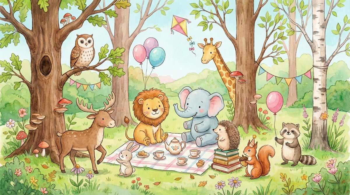 Watercolor Woodland Animals Picnic Mural Wallpaper | Cute Nursery Forest Scene