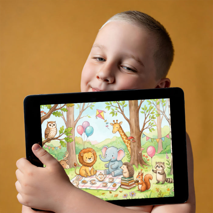 Watercolor Woodland Animals Picnic Mural Wallpaper | Cute Nursery Forest Scene