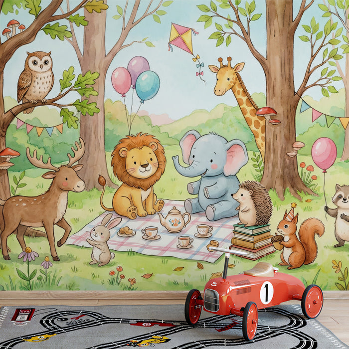 Watercolor Woodland Animals Picnic Mural Wallpaper | Cute Nursery Forest Scene