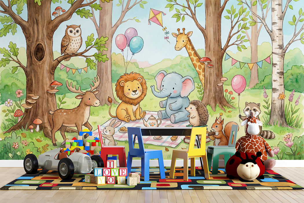 Watercolor Woodland Animals Picnic Mural Wallpaper | Cute Nursery Forest Scene