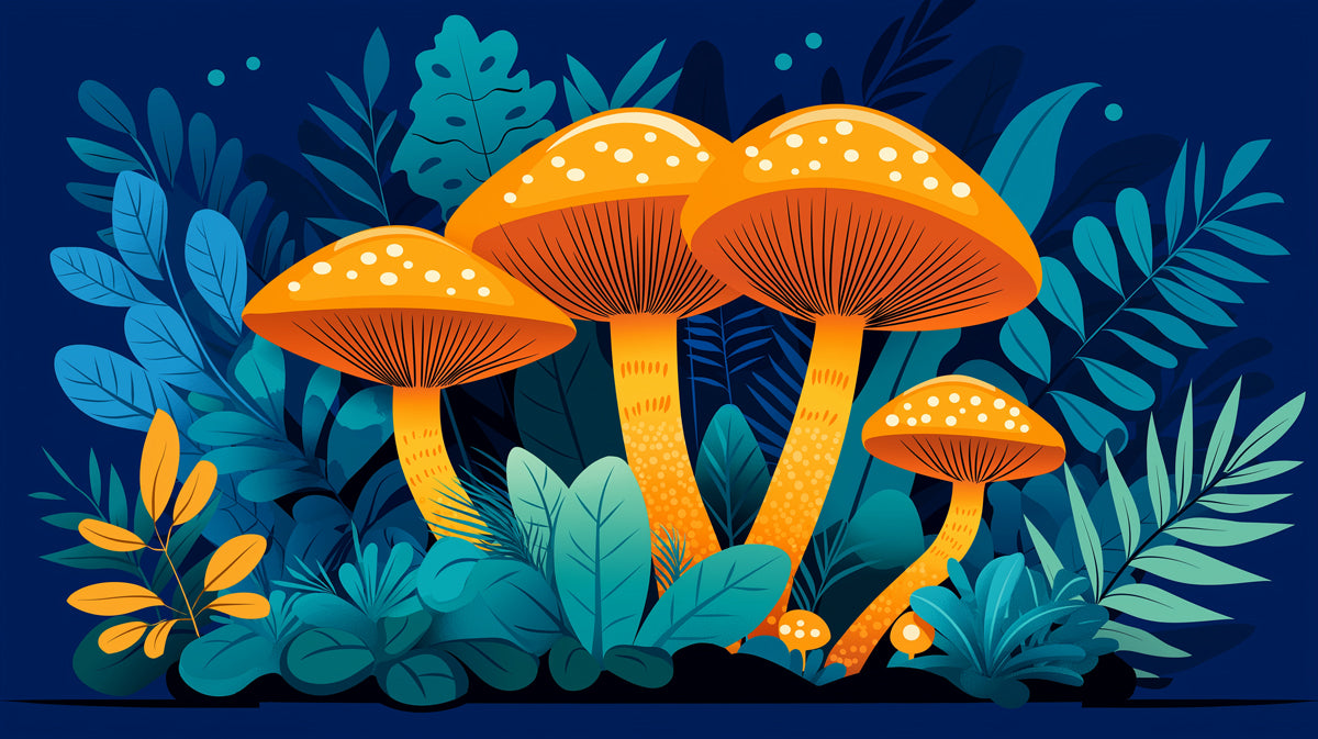 Neon Magic Mushrooms Dark Botanical Mural Wallpaper | Fantasy Forest Vector Art