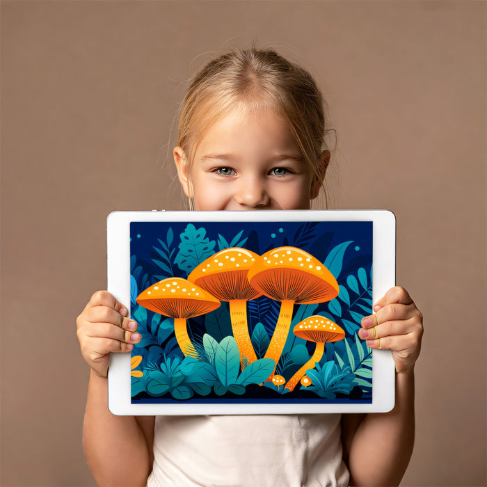 Neon Magic Mushrooms Dark Botanical Mural Wallpaper | Fantasy Forest Vector Art