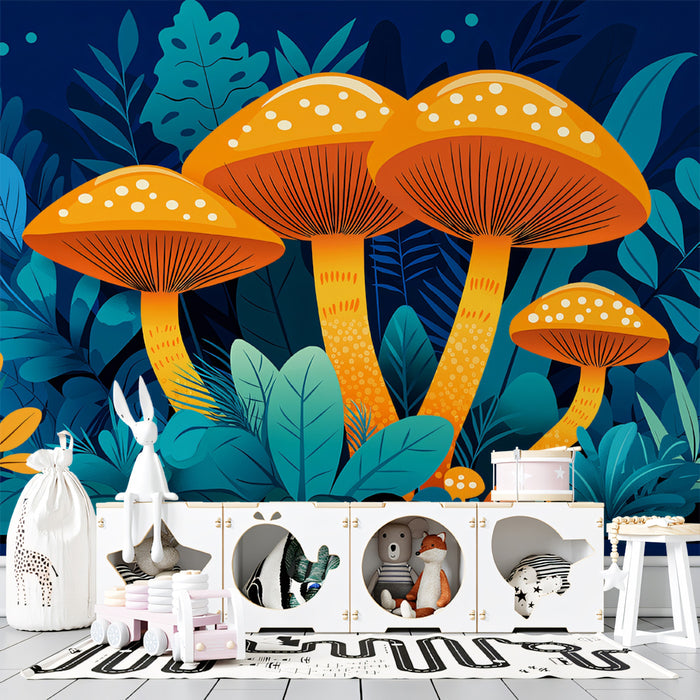 Neon Magic Mushrooms Dark Botanical Mural Wallpaper | Fantasy Forest Vector Art