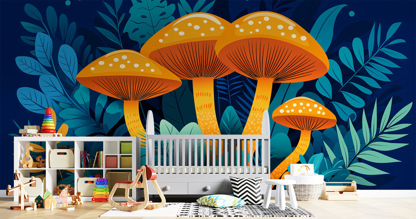 Neon Magic Mushrooms Dark Botanical Mural Wallpaper | Fantasy Forest Vector Art