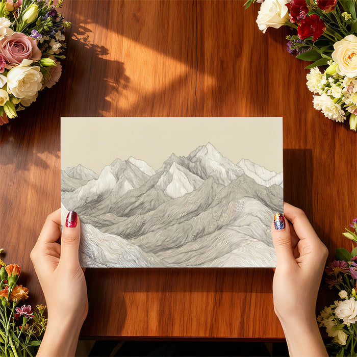 Intricate Line Art Mountain Ridge Mural Wallpaper | Beige Engraving Style Landscap