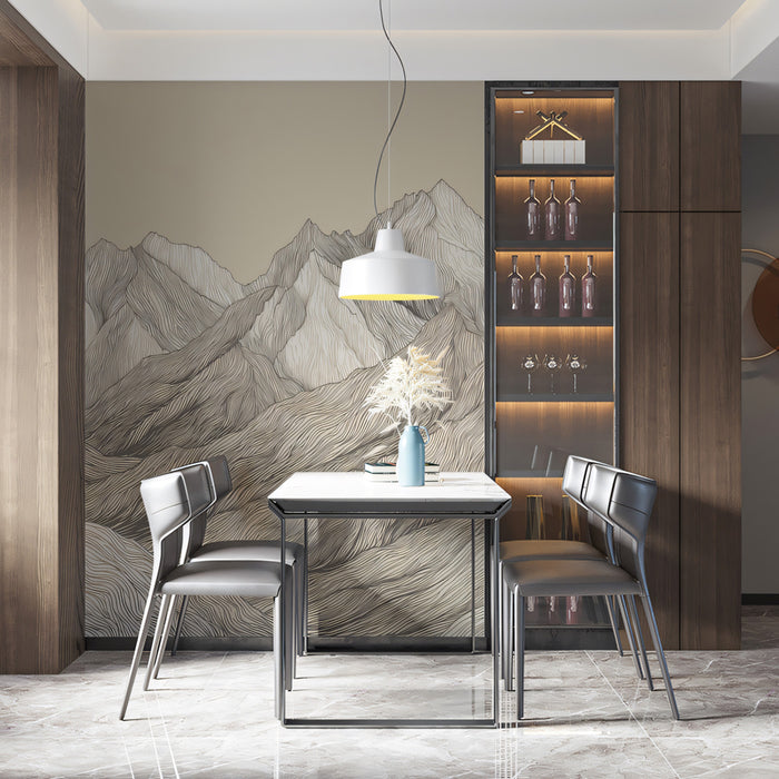 Intricate Line Art Mountain Ridge Mural Wallpaper | Beige Engraving Style Landscap
