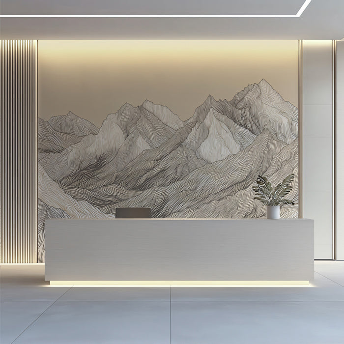 Intricate Line Art Mountain Ridge Mural Wallpaper | Beige Engraving Style Landscap