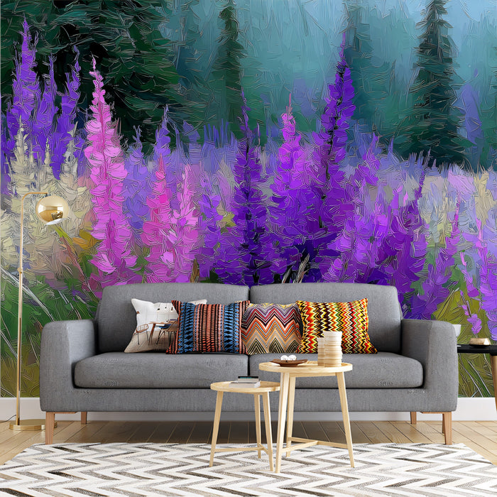 Purple Wildflowers Field Oil Painting Mural Wallpaper | Impressionist Nature Art