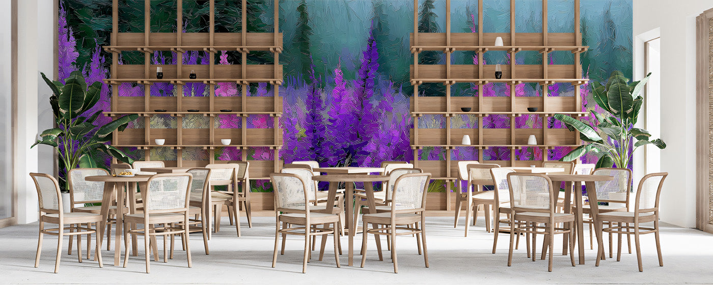 Purple Wildflowers Field Oil Painting Mural Wallpaper | Impressionist Nature Art