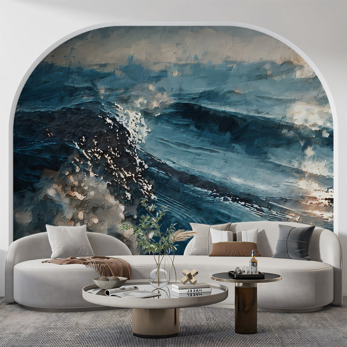 Abstract Ocean Waves Dark Blue Oil Painting Mural Wallpaper | Moody Sea Texture