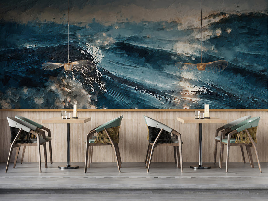 Abstract Ocean Waves Dark Blue Oil Painting Mural Wallpaper | Moody Sea Texture