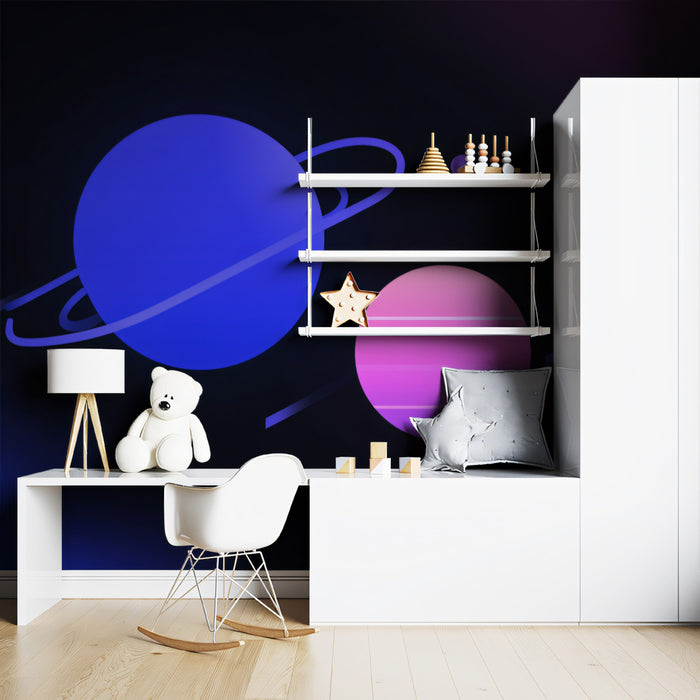 Minimalist Gradient Planets Dark Space Mural Wallpaper | Neon Cosmic Art