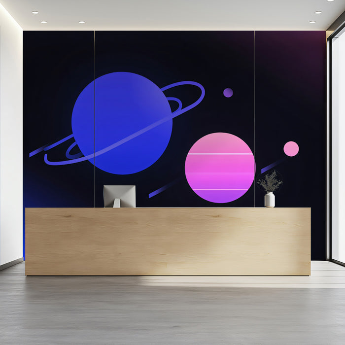 Minimalist Gradient Planets Dark Space Mural Wallpaper | Neon Cosmic Art