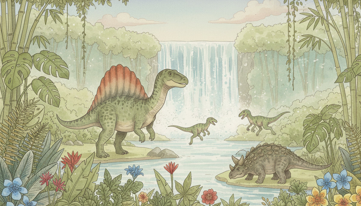 Watercolor Jungle Dinosaur Friends Mural Wallpaper | Prehistoric Nursery Scene