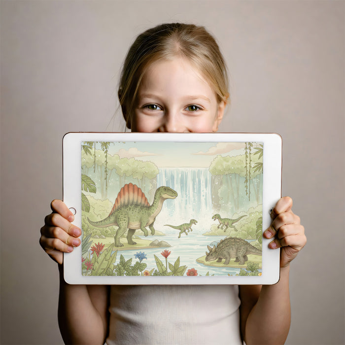 Watercolor Jungle Dinosaur Friends Mural Wallpaper | Prehistoric Nursery Scene