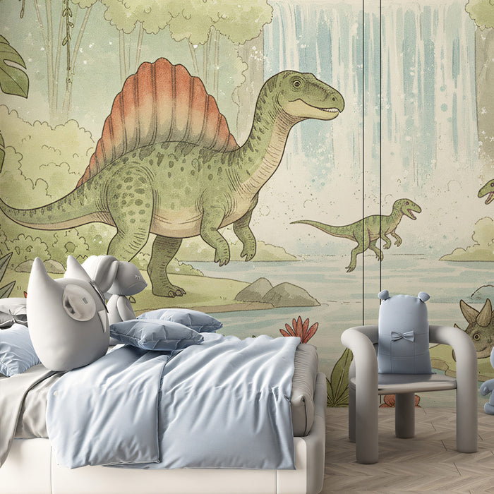 Watercolor Jungle Dinosaur Friends Mural Wallpaper | Prehistoric Nursery Scene