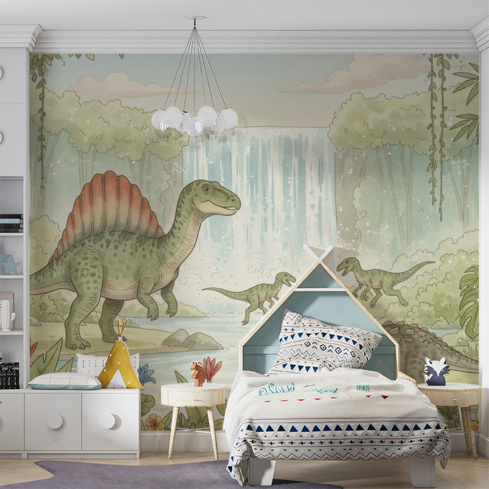 Watercolor Jungle Dinosaur Friends Mural Wallpaper | Prehistoric Nursery Scene