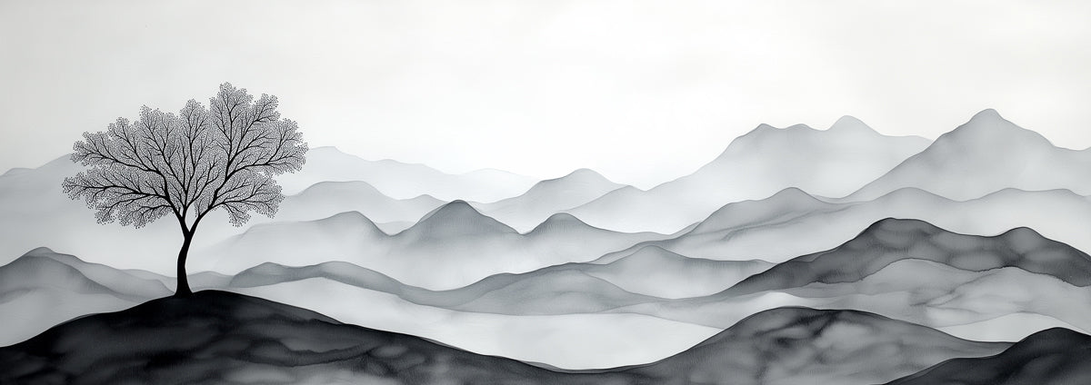 Minimalist Ink Wash Tree and Mountains Mural Wallpaper | Black and White Zen Landscape