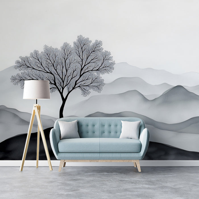 Minimalist Ink Wash Tree and Mountains Mural Wallpaper | Black and White Zen Landscape