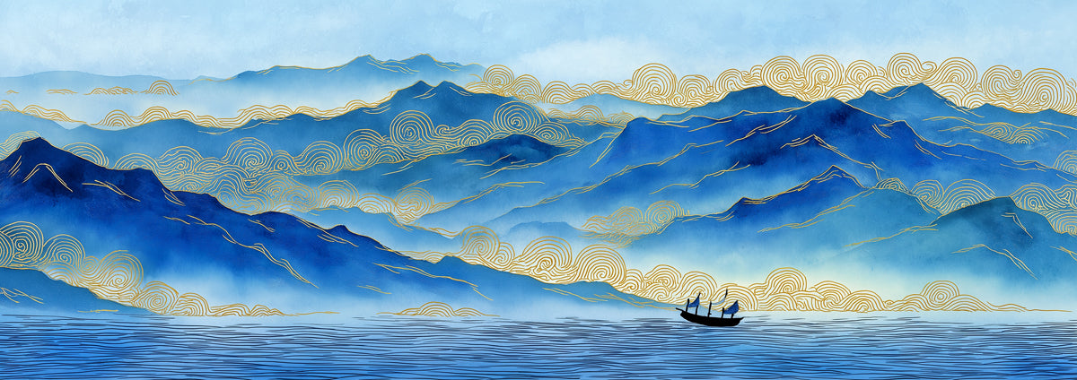 Blue and Gold Line Art Mountains Mural Wallpaper | Traditional Chinese Landscape Style