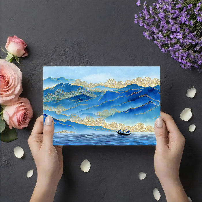 Blue and Gold Line Art Mountains Mural Wallpaper | Traditional Chinese Landscape Style