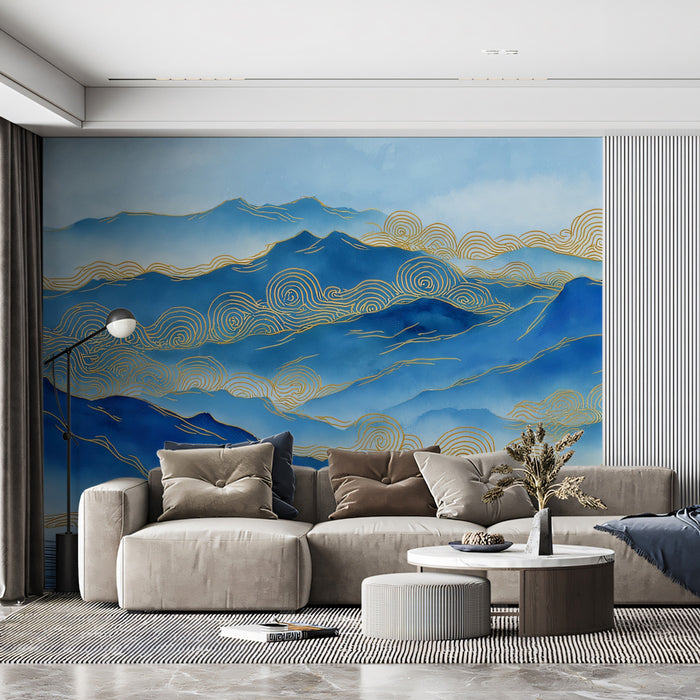 Blue and Gold Line Art Mountains Mural Wallpaper | Traditional Chinese Landscape Style