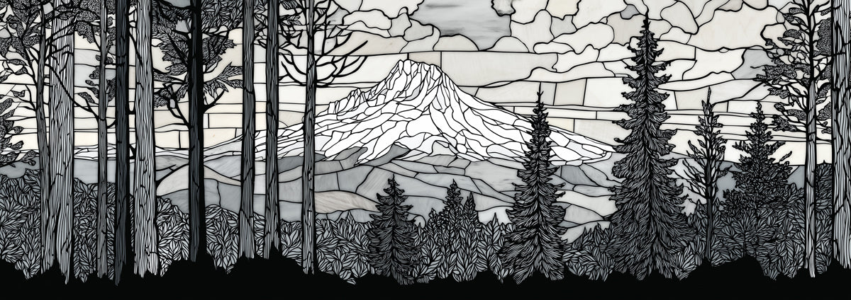 Stained Glass Mountain Forest Mural Wallpaper | Black and White Art Deco Landscape