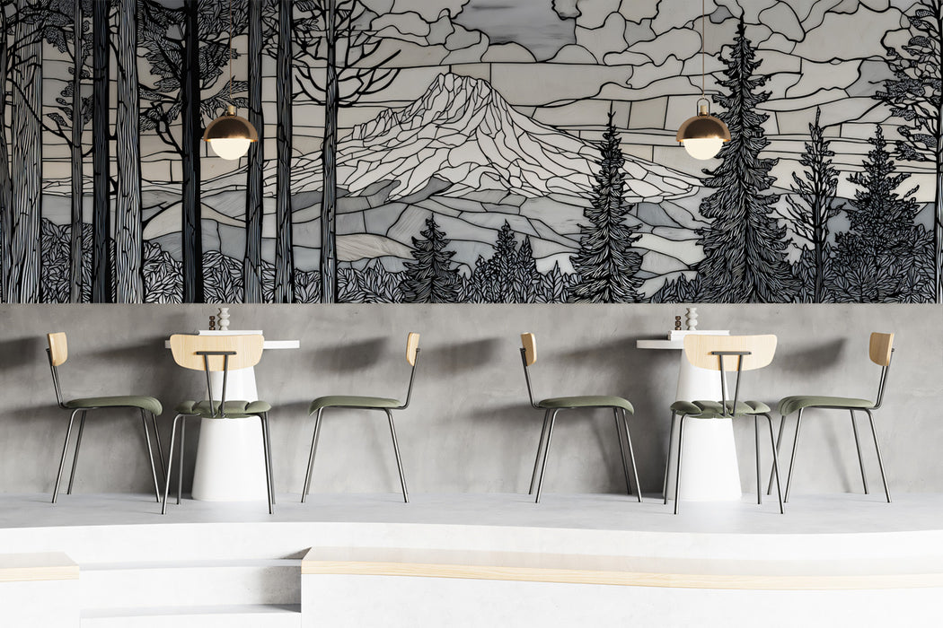 Stained Glass Mountain Forest Mural Wallpaper | Black and White Art Deco Landscape