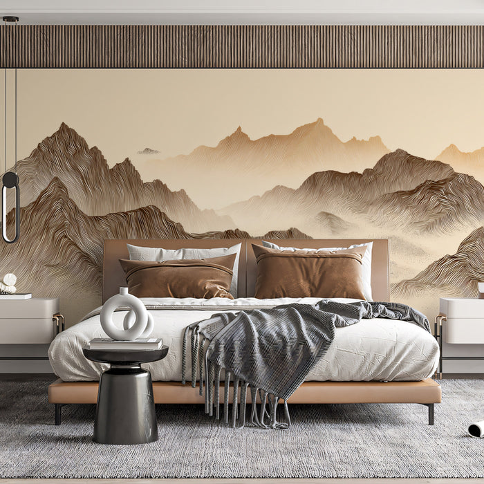 Sepia Engraving Style Mountain Landscape Mural Wallpaper | Vintage Topographic Art
