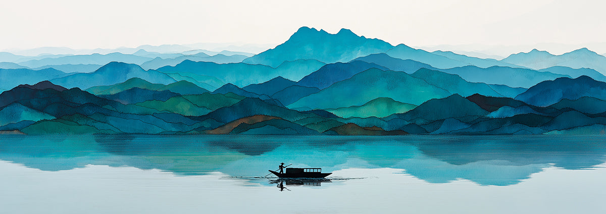 Blue Gradient Watercolor Mountains Mural Wallpaper | Serene Lake Landscape