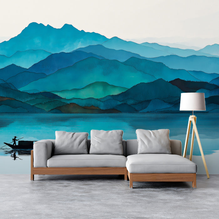 Blue Gradient Watercolor Mountains Mural Wallpaper | Serene Lake Landscape