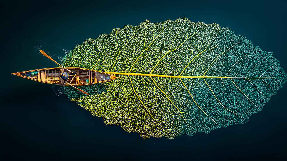 Giant Leaf Boat Aerial View Mural Wallpaper | Surreal Nature Fantasy Art