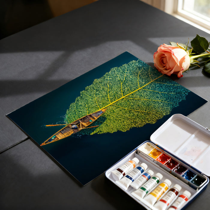 Giant Leaf Boat Aerial View Mural Wallpaper | Surreal Nature Fantasy Art