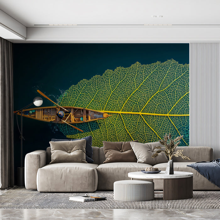 Giant Leaf Boat Aerial View Mural Wallpaper | Surreal Nature Fantasy Art
