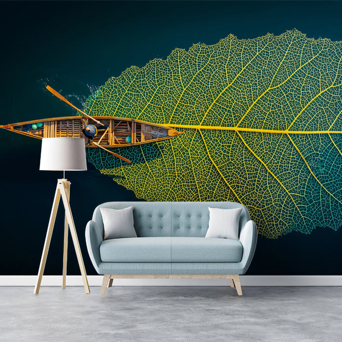 Giant Leaf Boat Aerial View Mural Wallpaper | Surreal Nature Fantasy Art