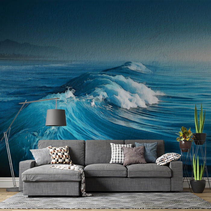 Realistic Blue Ocean Wave Oil Painting Mural Wallpaper | Textured Seascape Art